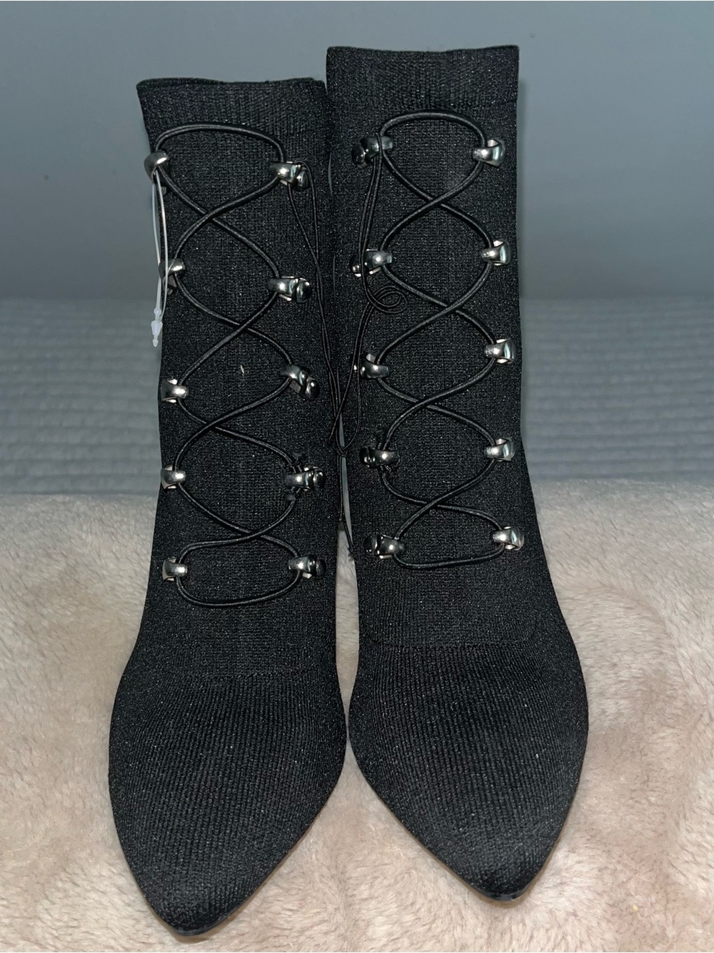 Forever 21 Black Pointed Sock Boots with Decorative Lace-Up Detail
